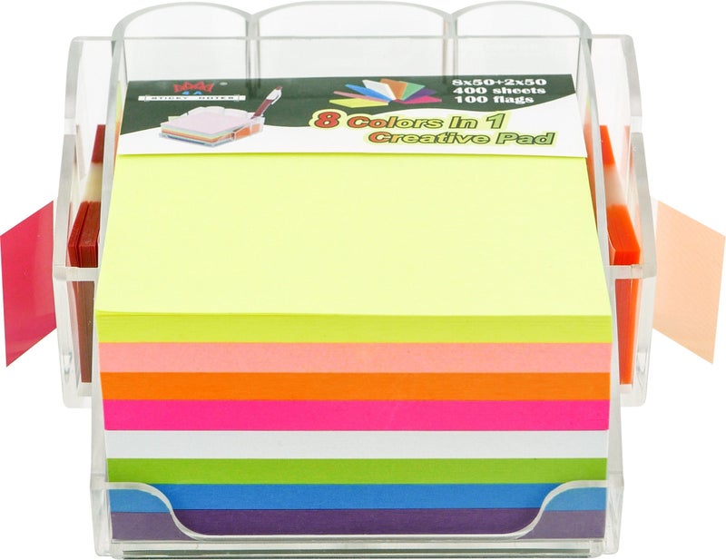 4A Sticky Note Dispenser Pen Holder Set, Self-Stick Notes, 8 Ultra Colors 3x3 Inches 400 Neon Sheets Sticky Notes and 1 * 1 3/4 Inches 2x50 Sheets.100 Flags, 303-AC-holder - Image 1